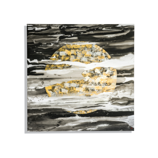 長坂真護 「世界平和の空気清浄器“満月”」 越前和紙、墨、金銀泥 150×150cm