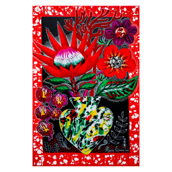 大沢 愛 「Fabulous Flowers Red coral」 Acrylic and mixed media on Canvas M30号