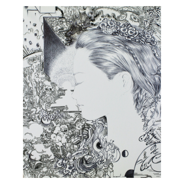 MARINA 「絵文字語り」 ペン、紙、木製パネル 27.5×22㎝